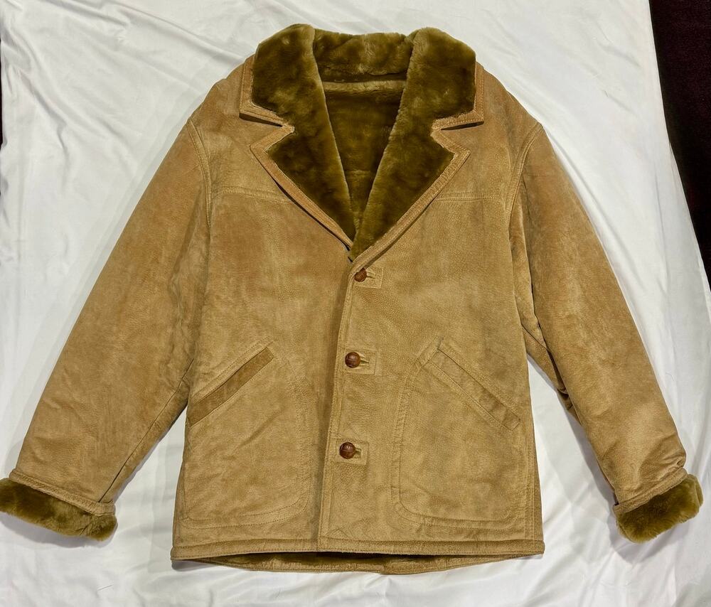 Vintage Bill Blass Mens Leather Faux Shearling Ranch Coat Tan Large 70s 80s